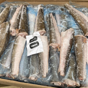 merluza en bloque a la venta en el mercado de pescado, dispuestos en una caja y en una bolsa, encima hay una pegatina que pone 00
