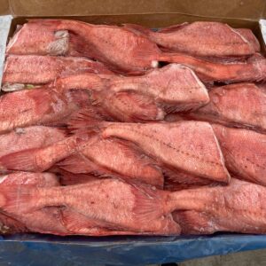pescado congelado rojo a la venta en el mercado de pescado, dispuestos en una caja y en una bolsa